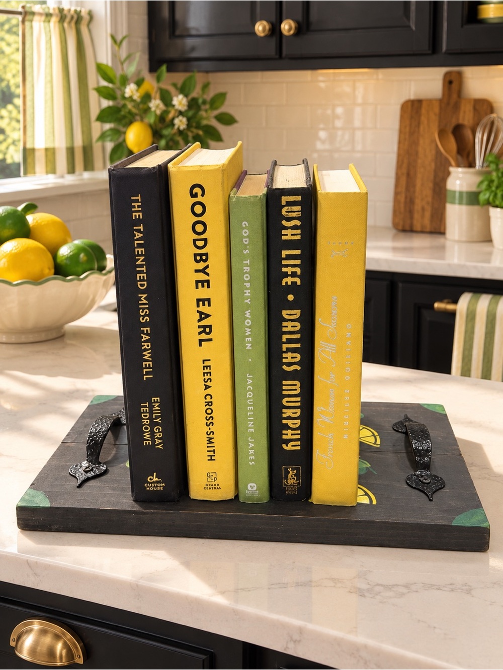 Decorative Yellow and Green Book Set - Home Kitchen Accent with Tray